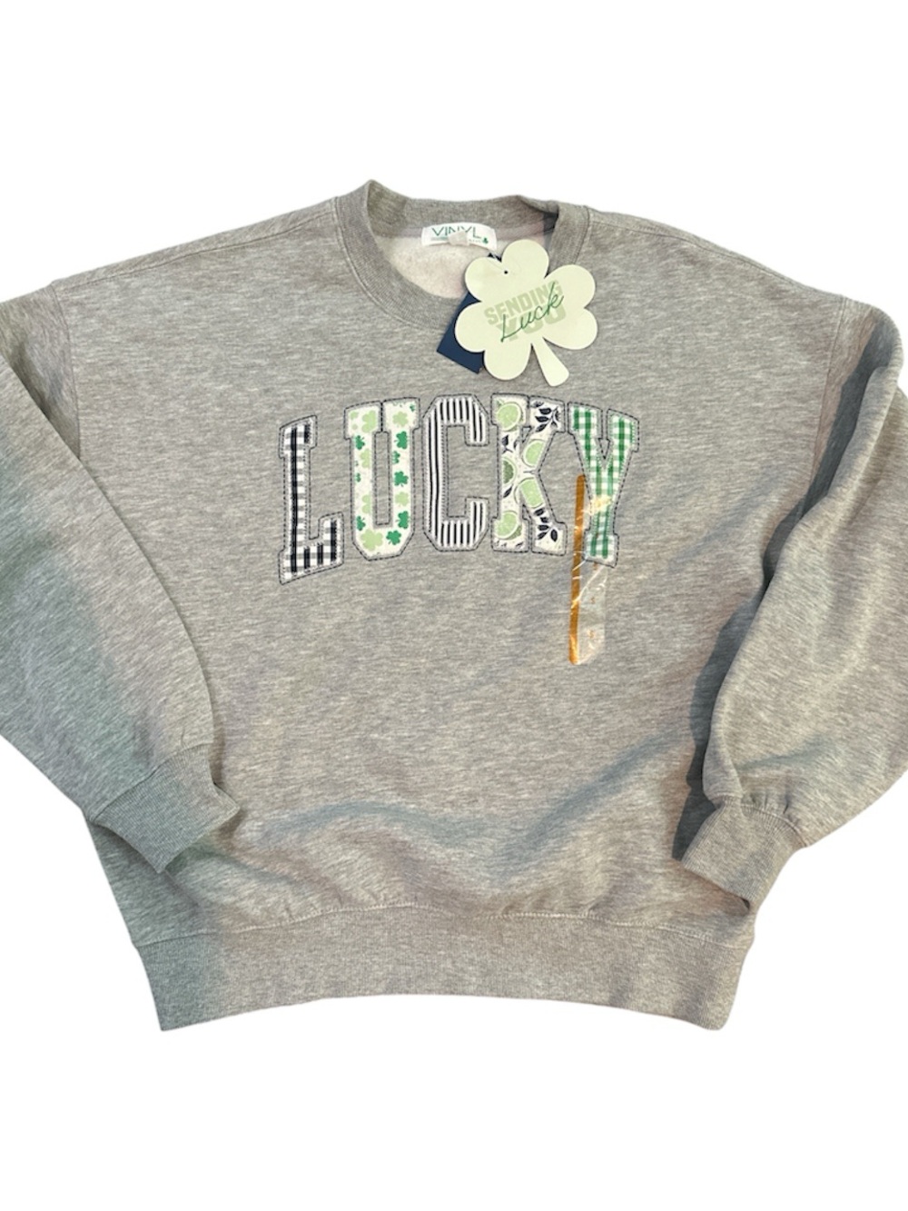Gray Crewneck Sweatshirt with 'LUCKY' Appliqué